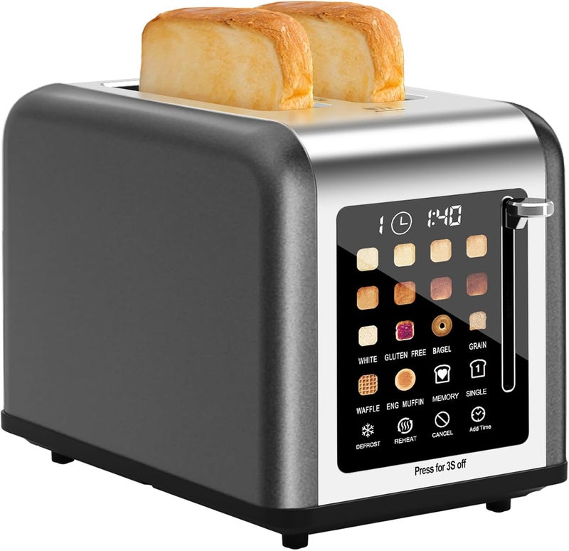 Clixane 2 Slice Toaster Touch Screen, Stainless Steel Toasters Digital Timer 2 Slot Toasters, 8 Shade Settings 6 Bread Types for Bagel, Cancel, Defrost (Grey) - Image 1